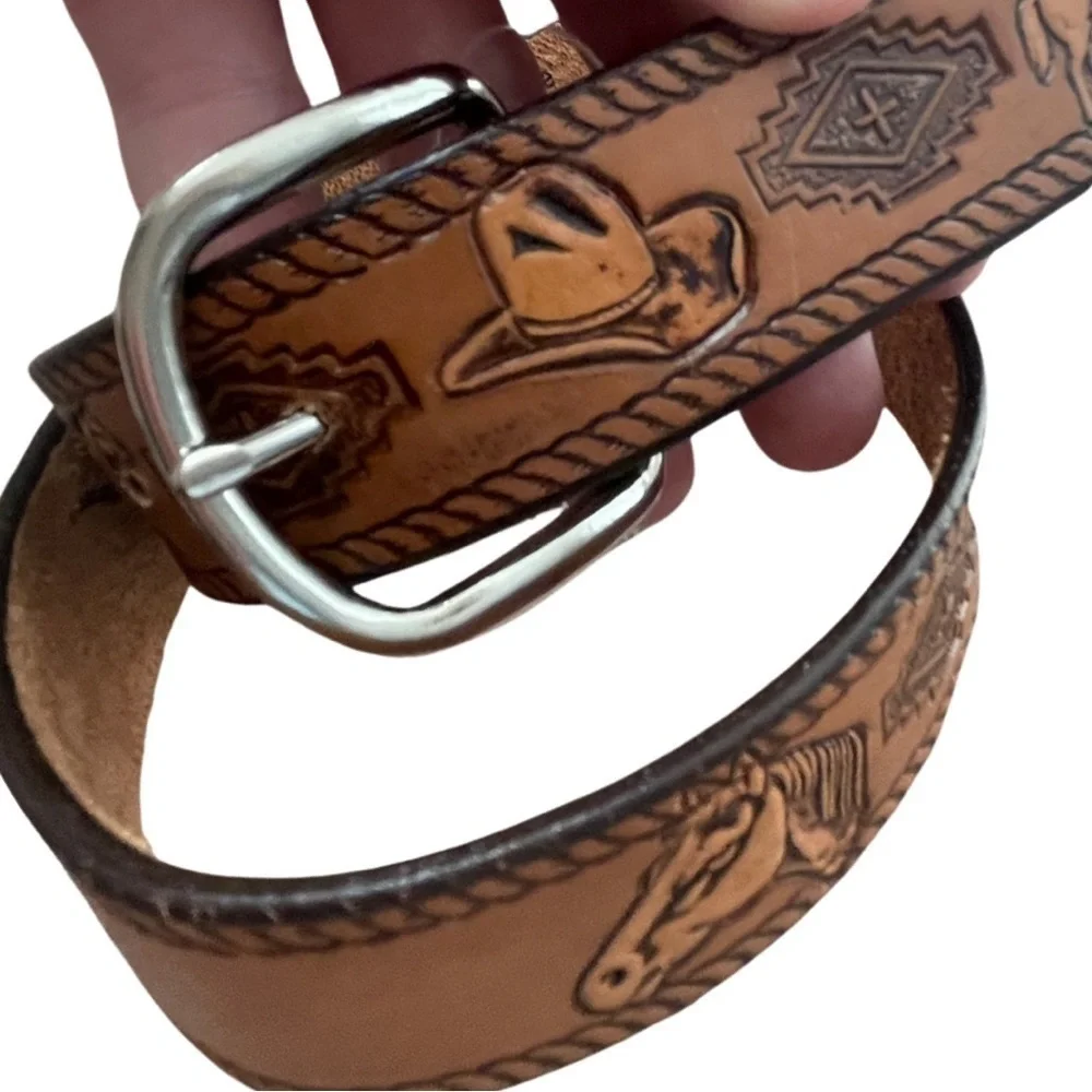 LONGHORN Leather & Buckle Ethan Tooled Belt Brown w/Silver Buckle Youth Size 28.